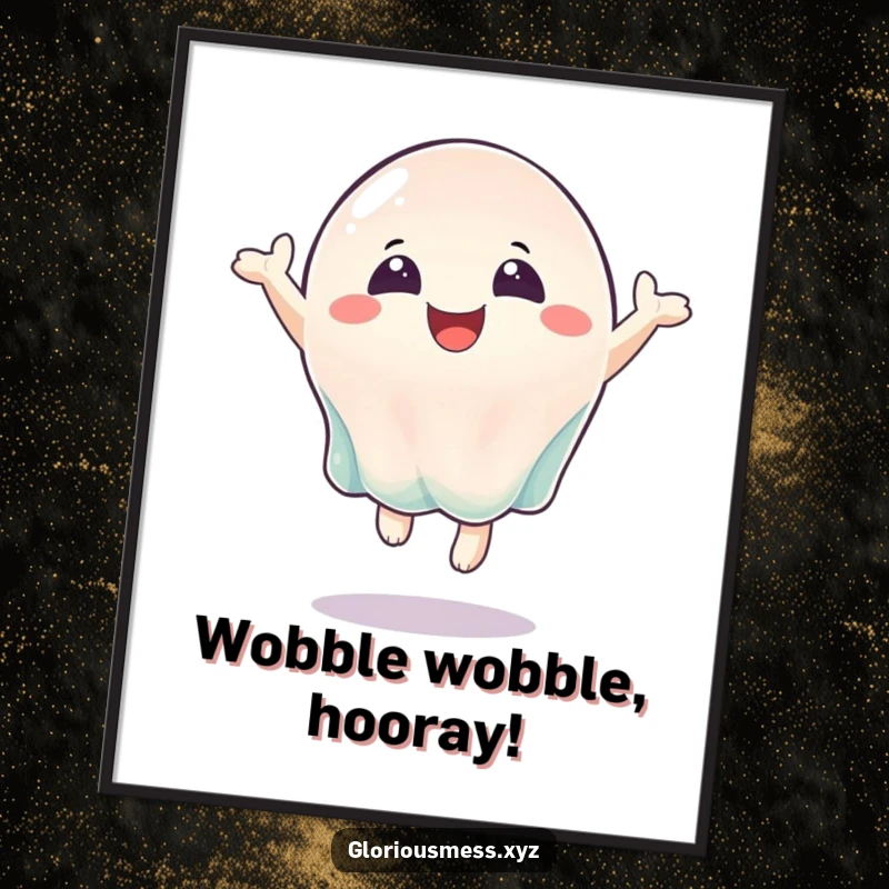 Funny Free Printable Wall Art: A wobbly jelly character captured mid-bounce, radiating pure joy and infectious happiness.