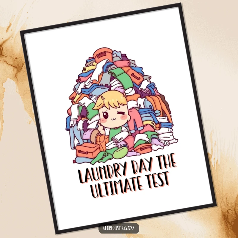 Funny Free Printable Wall Art: Character winks at an overflowing mountain of laundry, a humorous and relatable art piece.