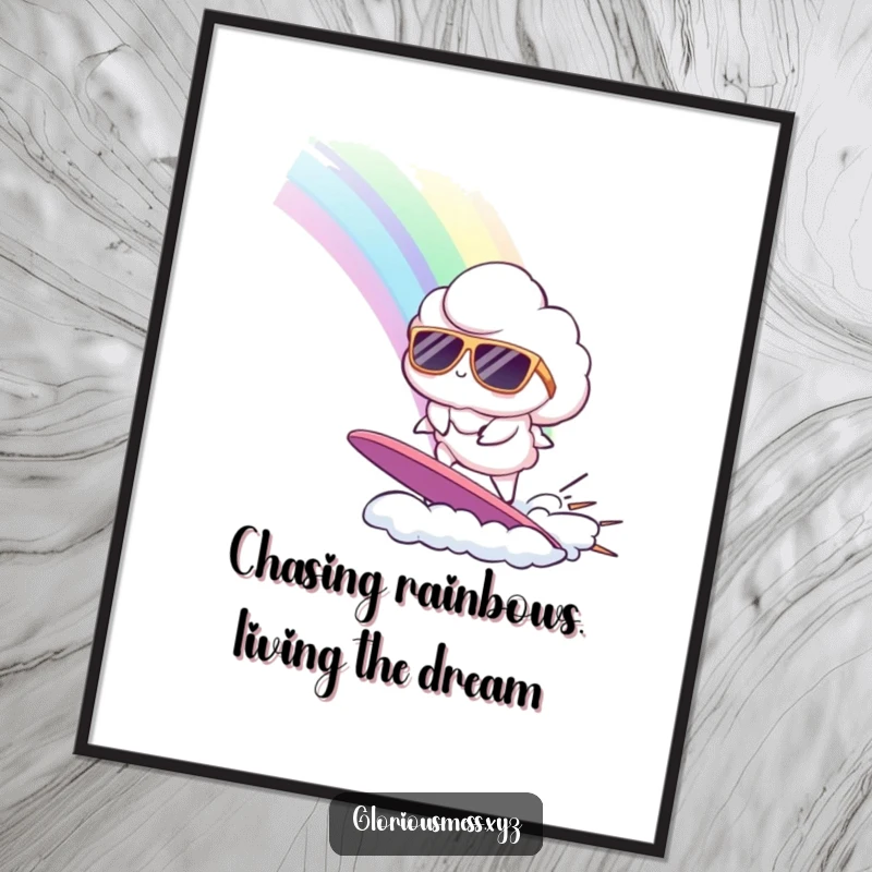 Funny Free Printable Wall Art of a cloud wearing sunglasses surfing a vibrant rainbow with a cool expression.