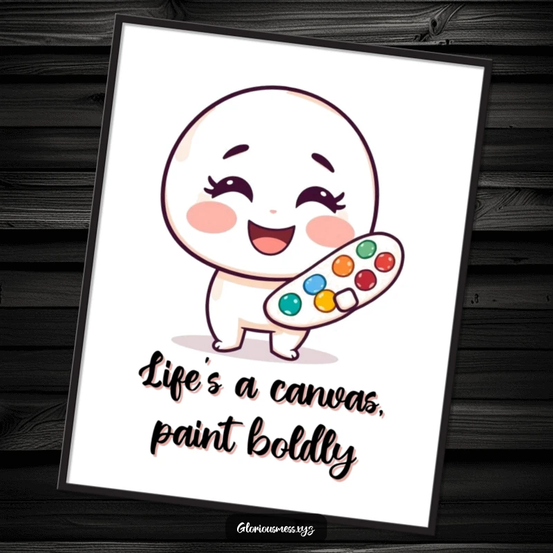 Funny free printable wall art of a cheerful, smudged paint palette character with a wide smile, adding color and humor.