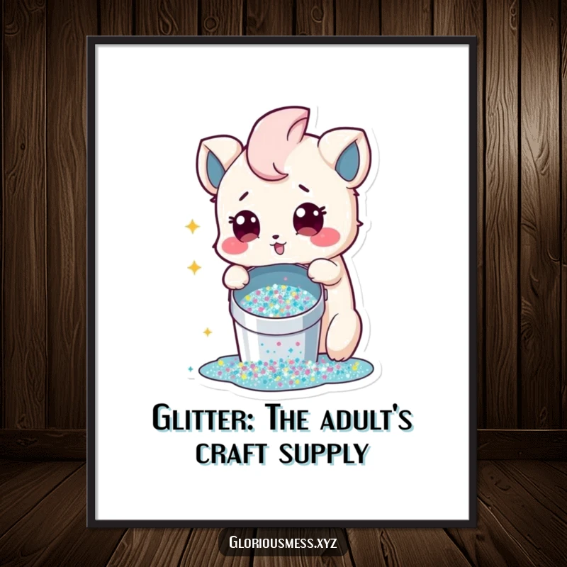 Funny Free Printable Wall Art: A creature with wide eyes looks innocently surprised as a bucket of glitter spills dramatically, creating a dazzling mess.