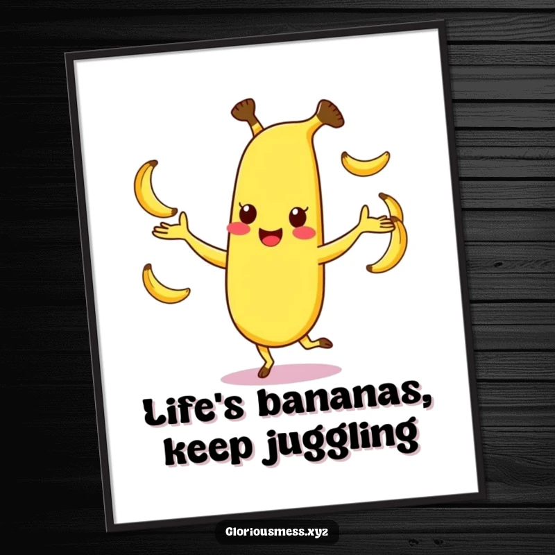 Funny free printable wall art of a happy, dancing banana character juggling three smaller bananas, full of energy.