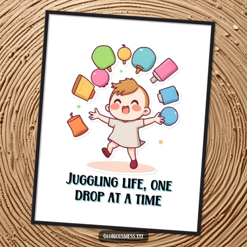 Funny Free Printable Wall Art: A wobbly character is hilariously juggling multiple colorful objects that are about to fall.