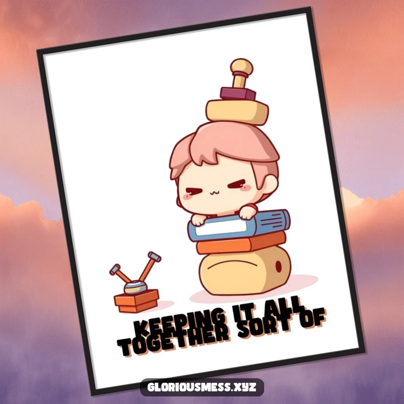 Funny Free Printable Wall Art: Character with a mischievous grin balancing a stack of teetering objects, humorous decor.