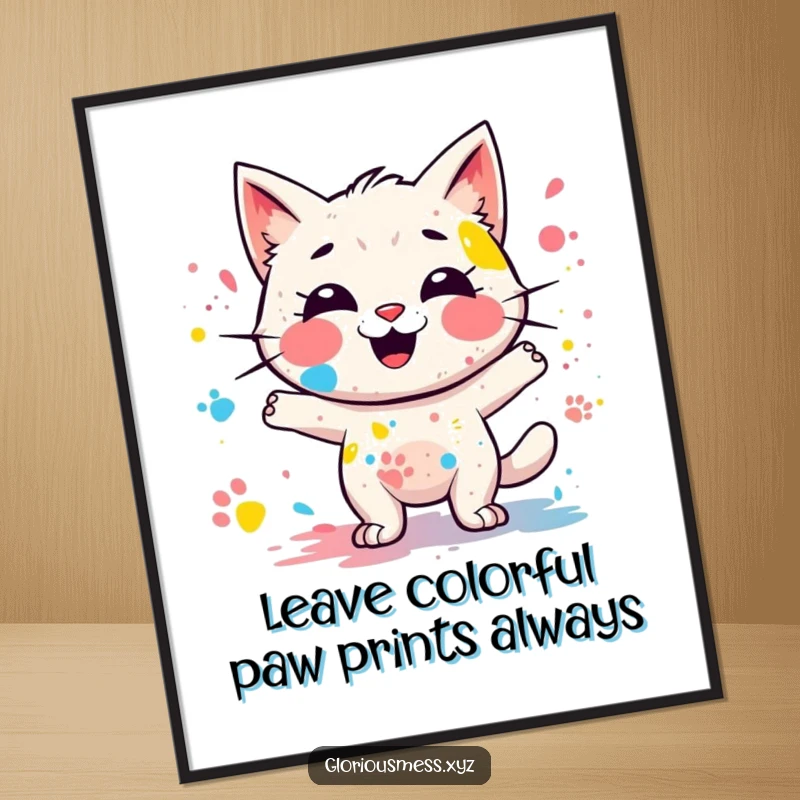 Funny free printable wall art of a giggling, messy paint splatter character leaving colorful paw prints, full of playful energy.