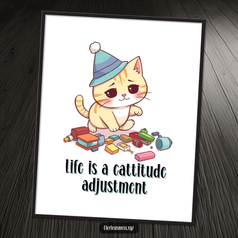 Funny Free Printable Wall Art: Confused cat in a silly hat tripping over objects, humorous downloadable home decor.