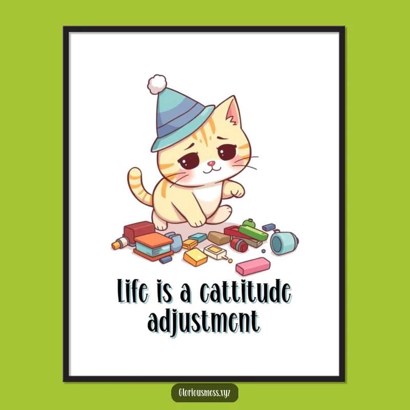 Free Printable Funny Cat Wall Art: Silly Hat Cat Tripping, Hilarious Downloadable Home Decor