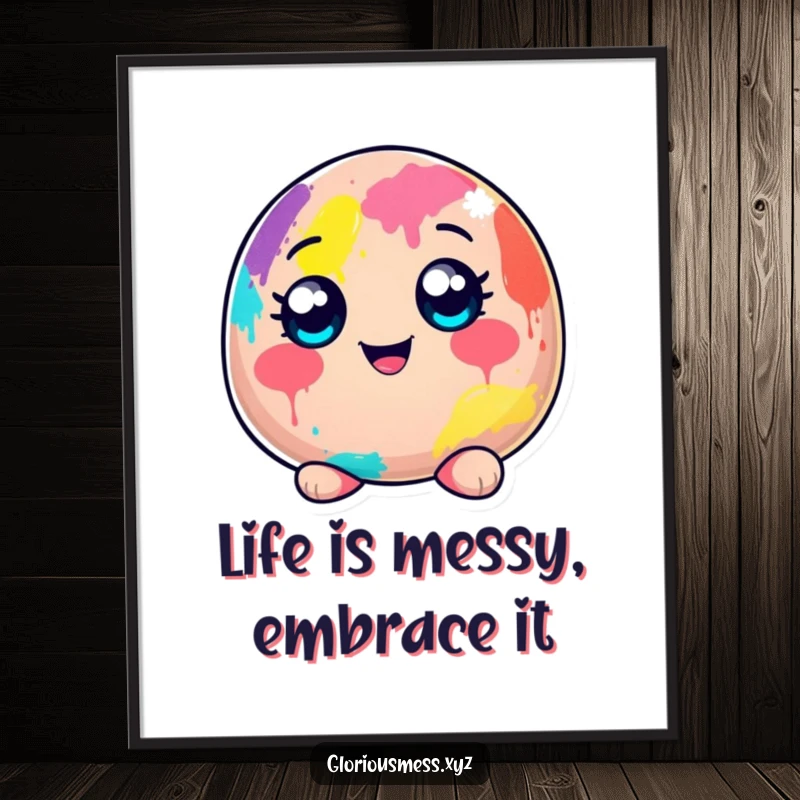 Funny Free Printable Wall Art: Cheerful blob character completely covered in vibrant paint, a splash of humor.