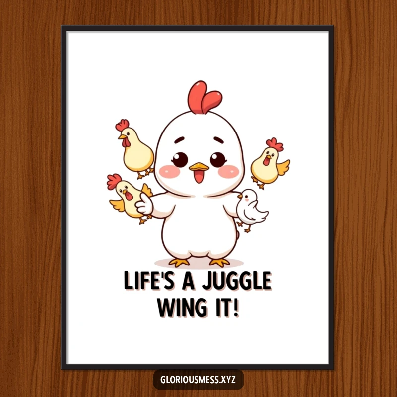 Funny Free Printable Wall Art: Playful character juggles three rubber chickens, with ink splatters, a humorous art piece.