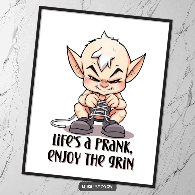 Funny Free Printable Wall Art: A mischievous imp with a sly grin is tying shoelaces together.