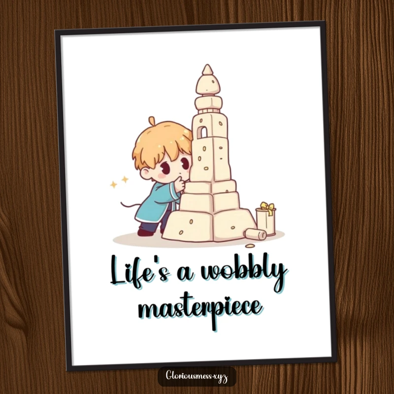 Funny Free Printable Wall Art: A character’s comical attempt at construction, showcasing a wobbly sculpture in the brink of a hilarious collapse.