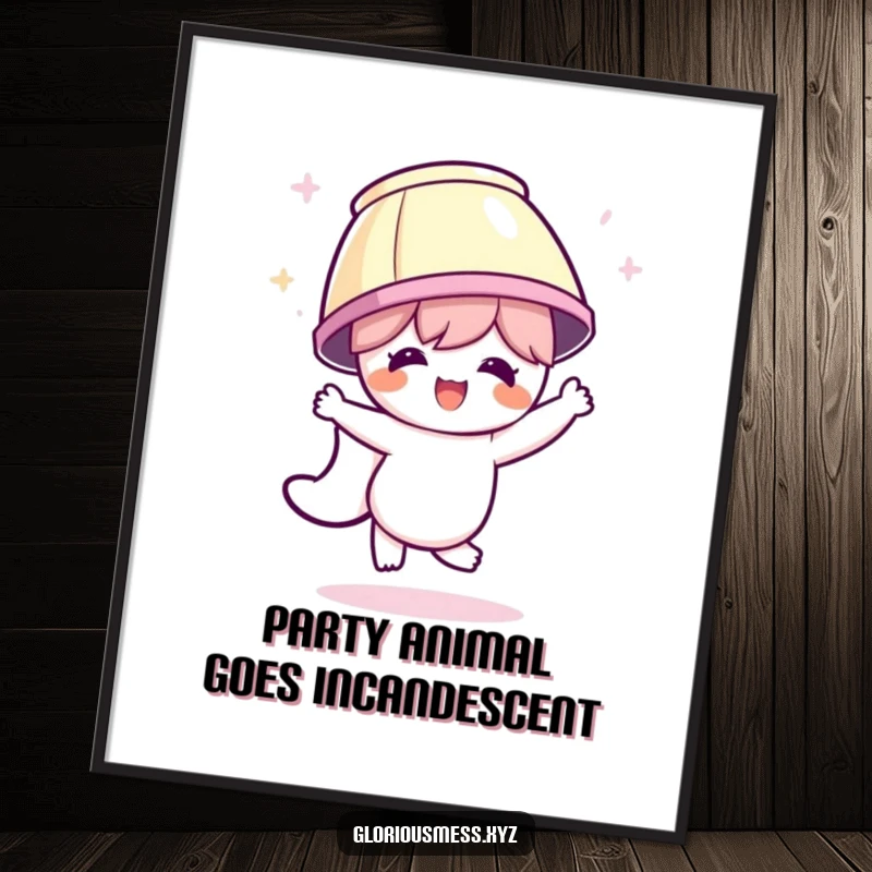 Funny Free Printable wall art: Character energetically dances with a lampshade on its head, radiating pure, uninhibited party spirit.