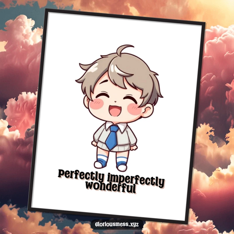 Funny Free Printable Wall Art: Giggling character in mismatched socks and crooked tie, radiating cheerful humor.