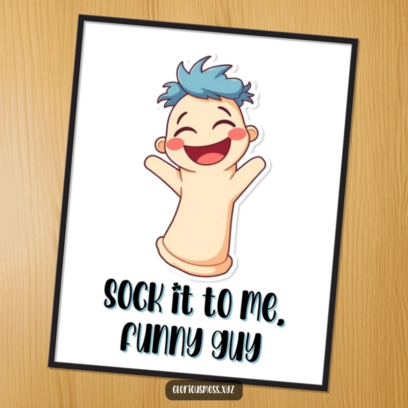 Funny Free Printable Wall Art: A smiling sock puppet convulsing with uncontrollable laughter. A vibrant and cheerful piece of decor. Instant download.