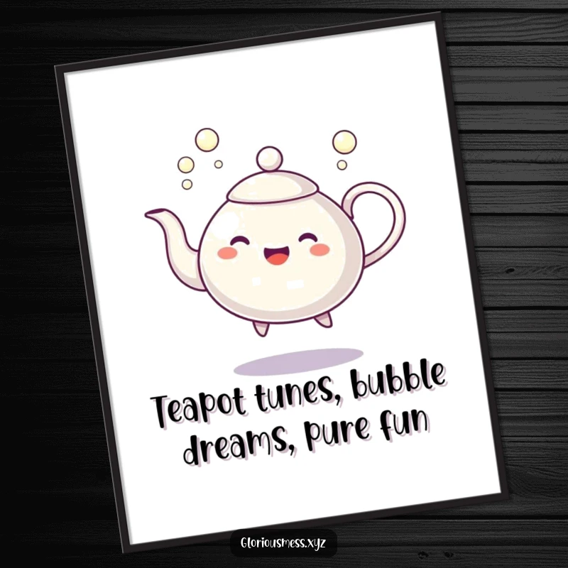 Funny Free Printable Wall Art: A joyful teapot character dancing and spilling a stream of iridescent bubbles.
