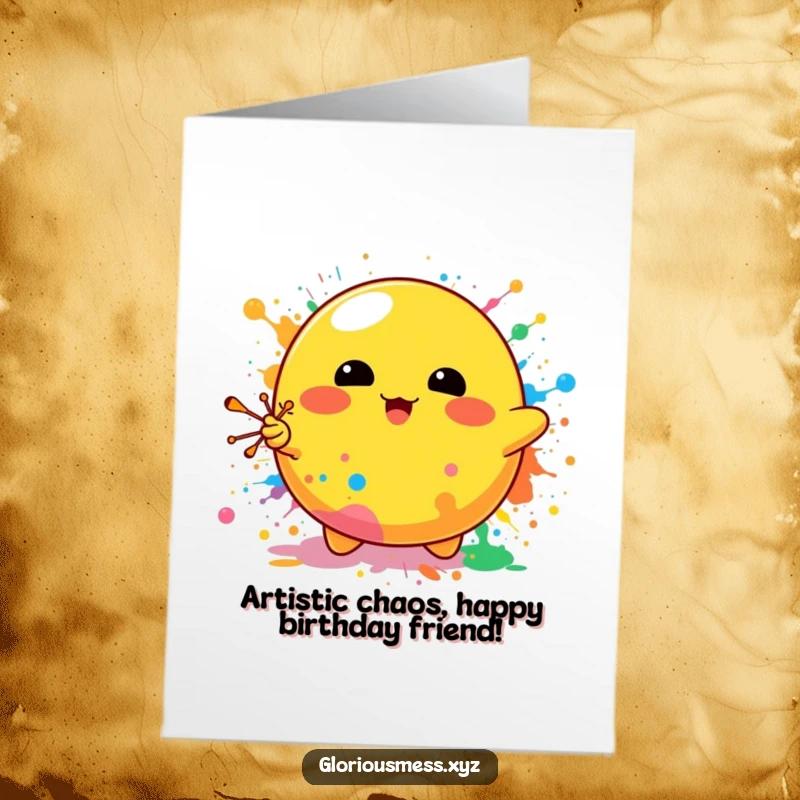 Funny Free Printable Birthday Card: Yellow blob character joyfully splattering rainbow paint, spreading artistic cheer.