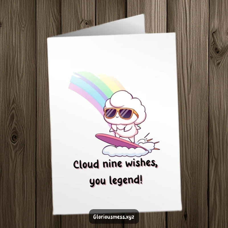 Funny Free Printable Birthday Card featuring a cool cloud in sunglasses surfing a rainbow with a smile.
