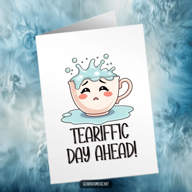 Funny Free Printable Happy Birthday Card: A confused teacup character comically overflowing with bubbling liquid, looking utterly bewildered.