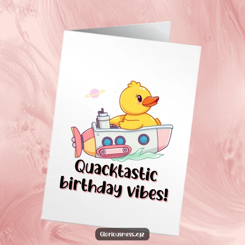 Funny Free Printable Birthday Card showing a rubber duck piloting a submarine through a bathtub galaxy.