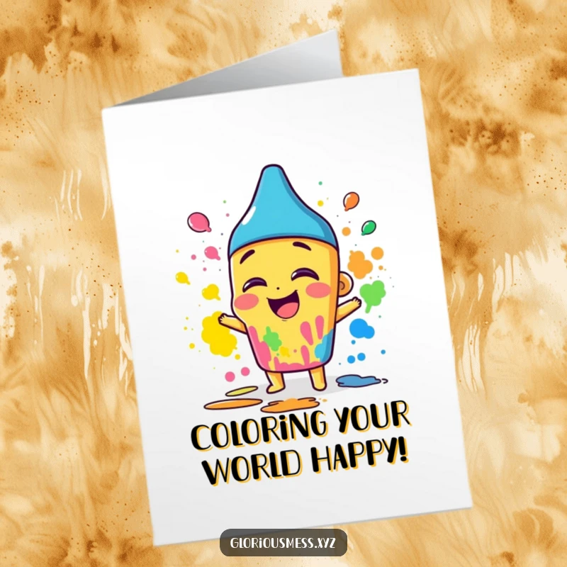 Funny Free Printable Birthday Card: Giggling crayon character smearing colors wildly, artistic celebration art.