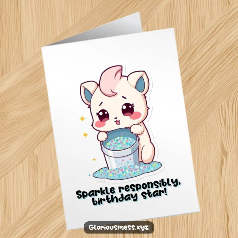 Funny Free Printable Birthday Card: A creature with innocent surprise spills a bucket of glitter, creating a sparkly, playful mess.