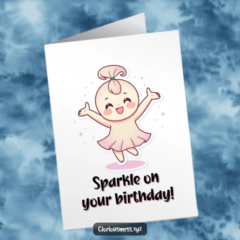 Funny Free Printable Birthday Card: Happy character covered in glitter spins with arms outstretched, a festive birthday wish.
