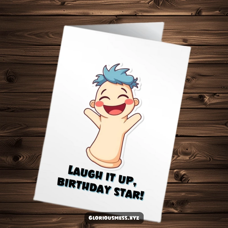 Funny Free Printable Birthday Card: A smiling sock puppet wiggling uncontrollably with infectious laughter. The ultimate birthday laugh. Instant download.