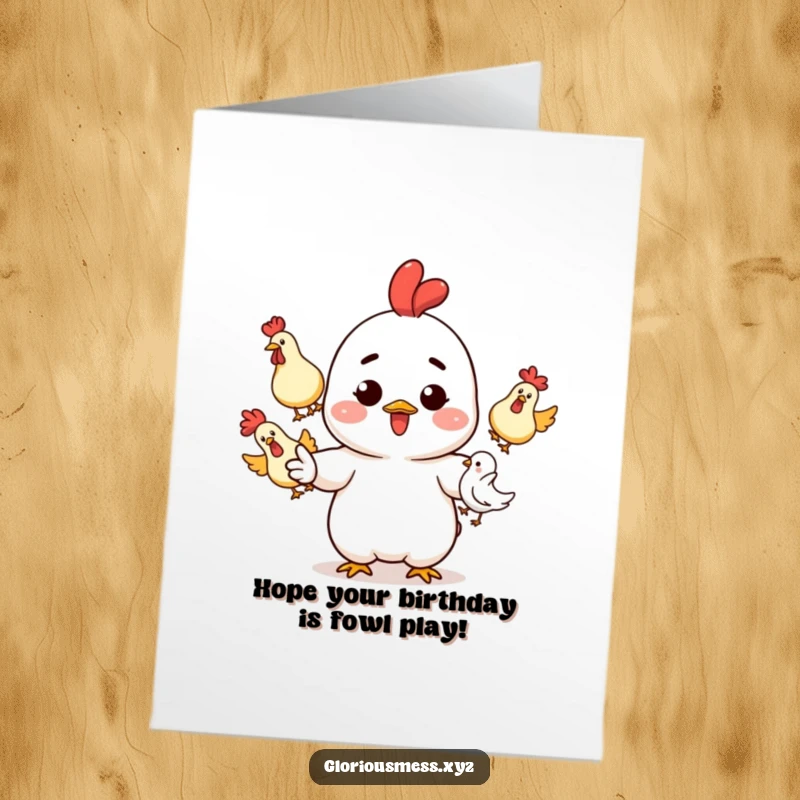 Funny Free Printable Birthday Card: Playful character with ink splatters juggles rubber chickens, a hilarious birthday surprise.
