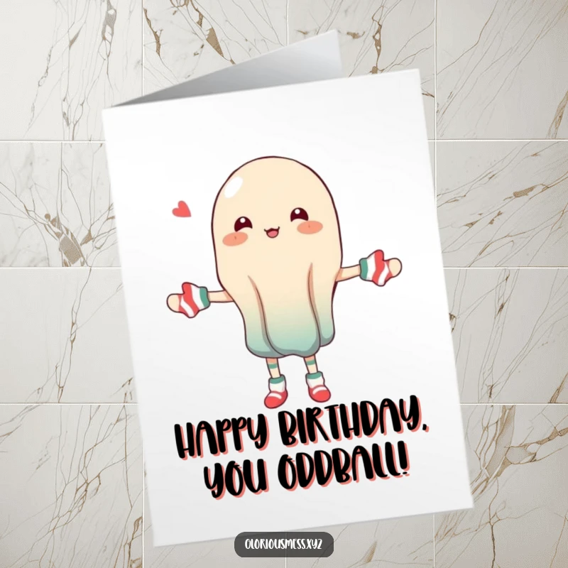 Funny Free Printable Birthday Card: A wobbly jelly character comically juggling several mismatched socks. A chaotic birthday wish. Instant download.