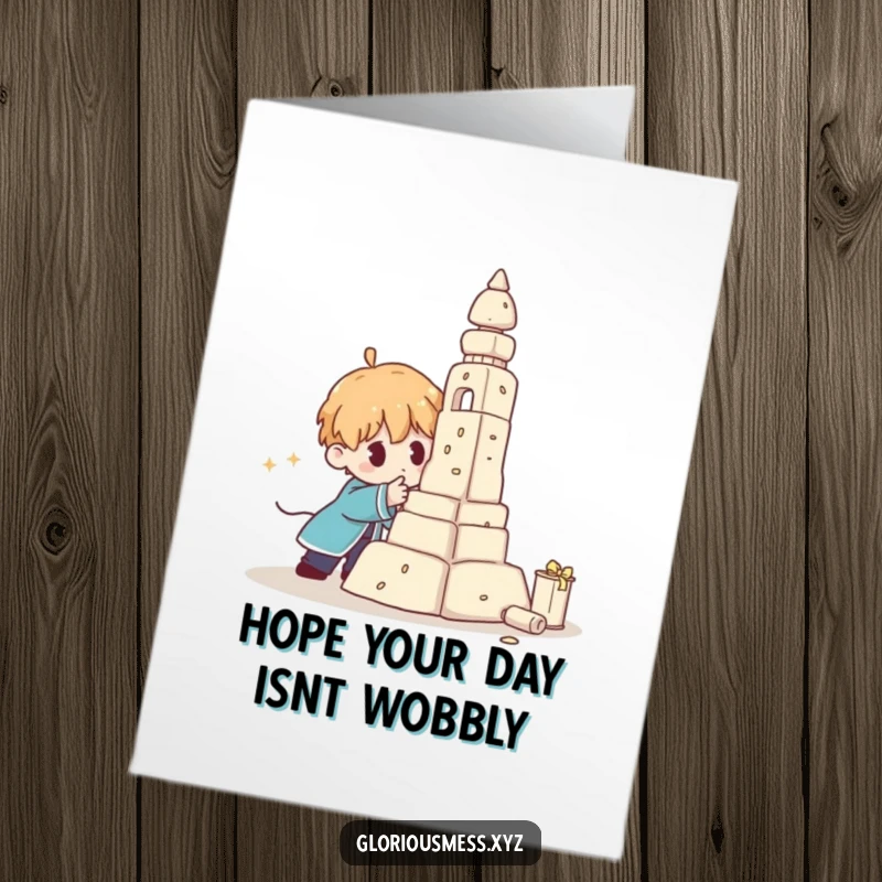 Funny Free Printable Birthday Card: A character struggles to balance a comically wobbly sculpture that’s visibly starting to fall apart.