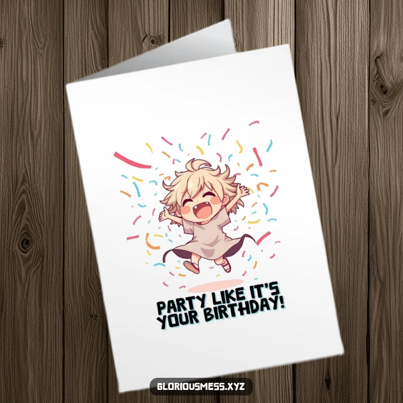 Funny Free Printable Birthday Card: Joyful, disheveled character dancing wildly in a cascade of colorful streamers.