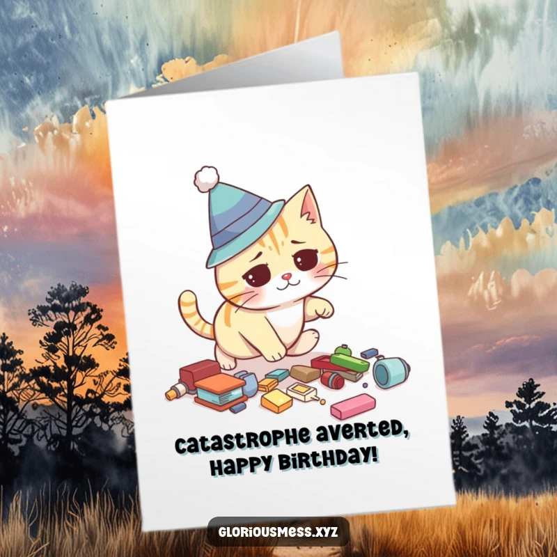 Funny Free Printable Birthday Card: Confused cat in a silly hat tripping over scattered objects, a hilarious DIY greeting.
