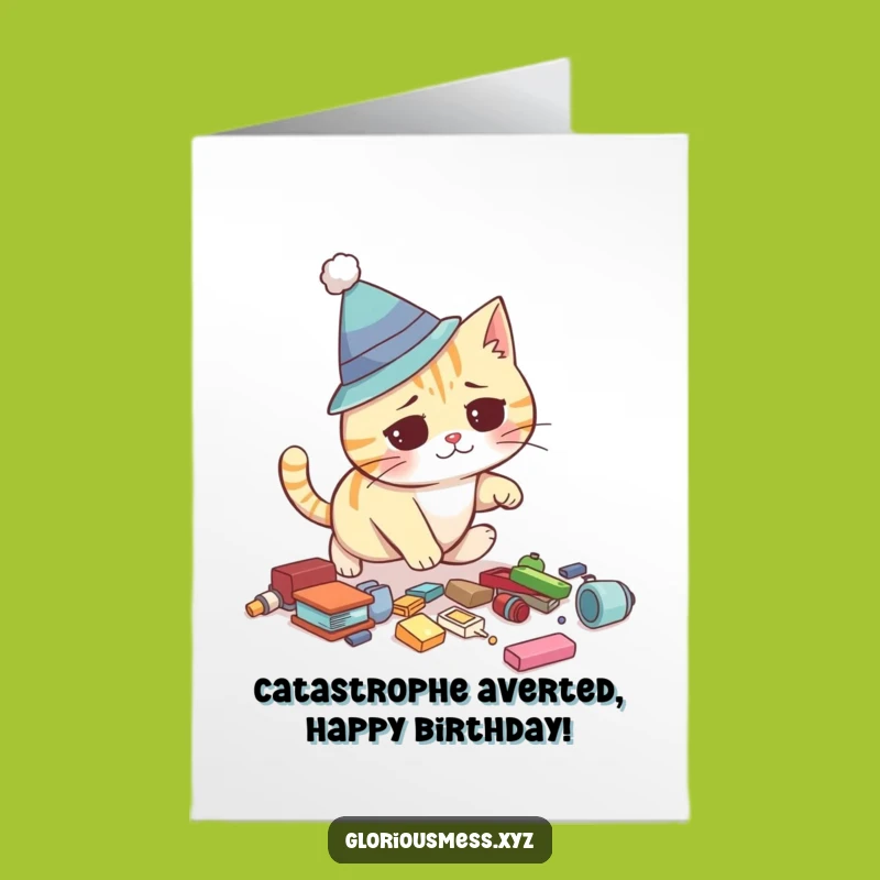 Free Printable Funny Cat Birthday Card: Silly Hat Cat Tripping, Hilarious Downloadable Gift