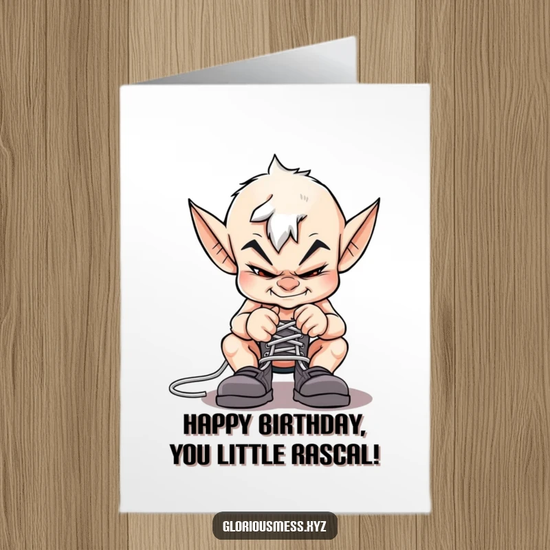 Funny Free Printable Birthday Card: Mischievous imp with a sly grin ties shoelaces together.
