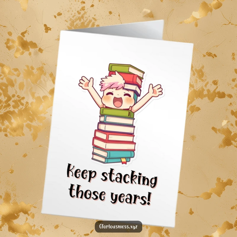 Funny Free Printable birthday card: Character flailing arms desperately tries to balance a ridiculously tall, teetering tower of books.