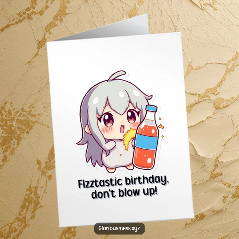 Funny Free Printable birthday card: Wide-eyed character startled by a slightly exploding soda bottle, perfect for a chaotic celebration.
