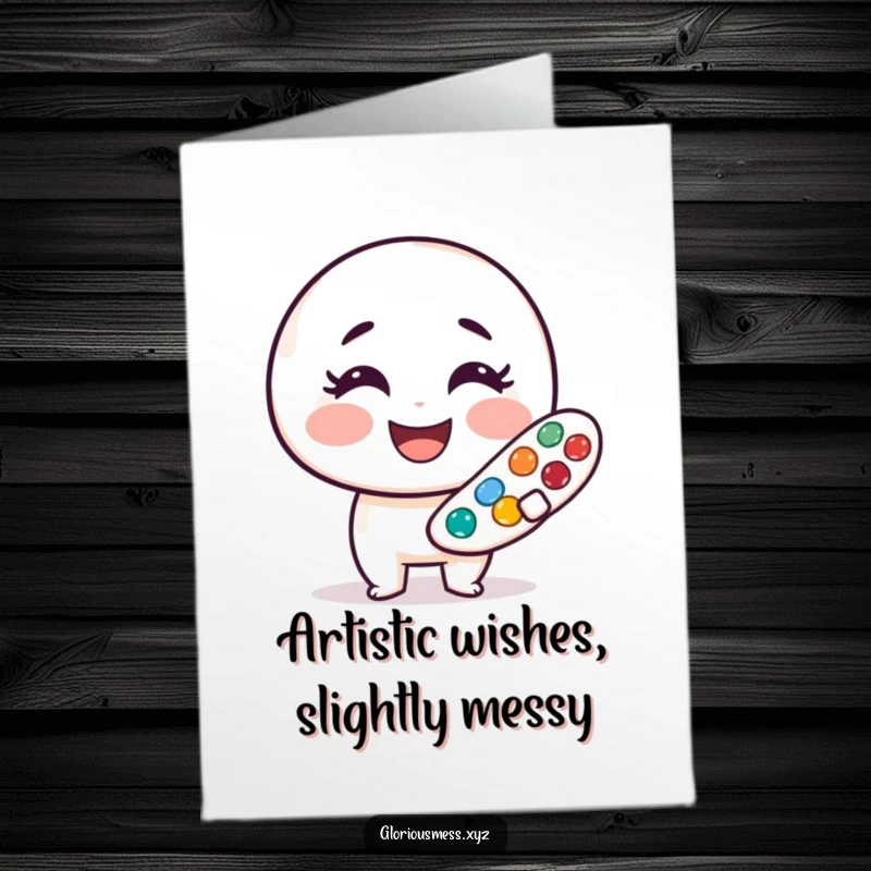 Funny free printable birthday card featuring a smudged paint palette character with a huge grin, ready to celebrate.