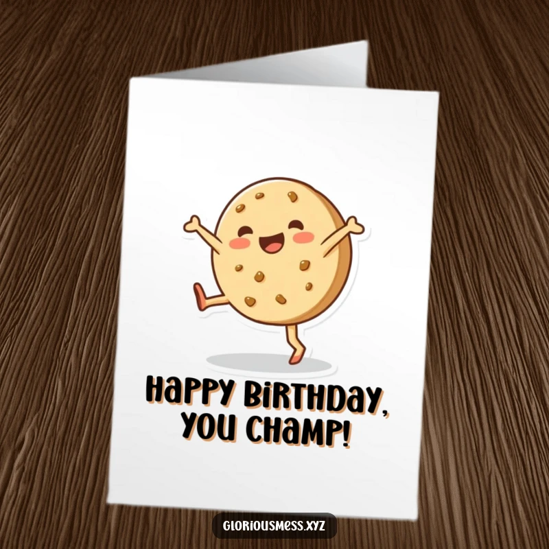 Funny Free Printable Birthday Card: Happy lopsided cookie character enthusiastically cartwheeling, sweet birthday fun.