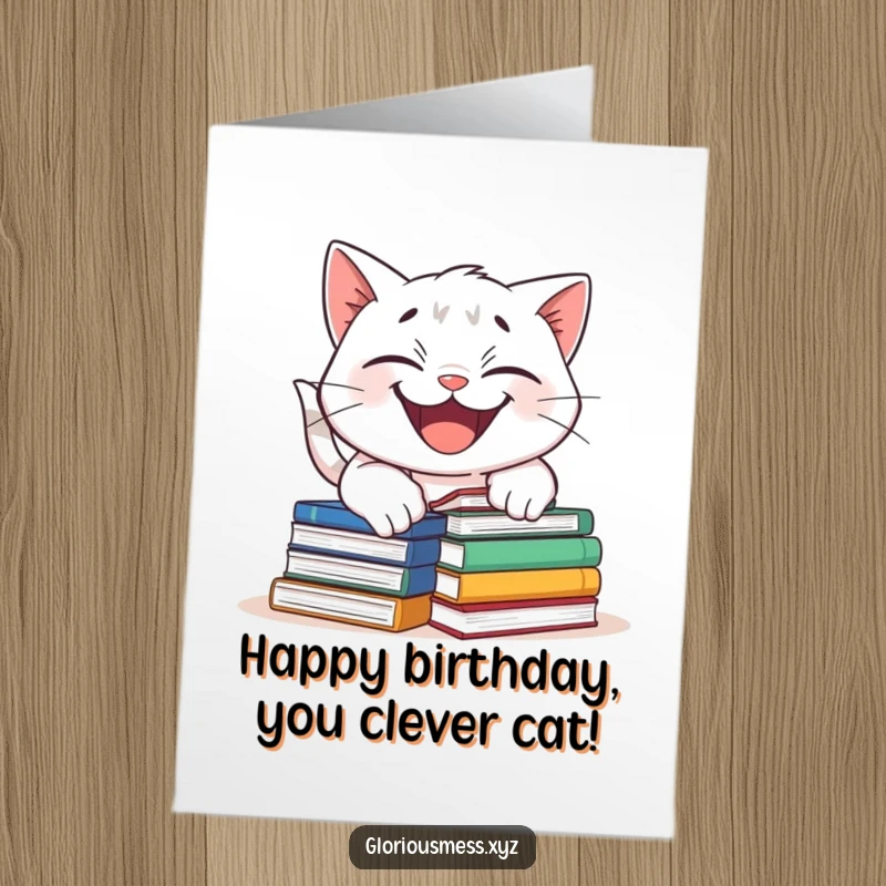 Funny Free Printable Birthday Card: Mischievous cat grinning while tripping over a stack of books.