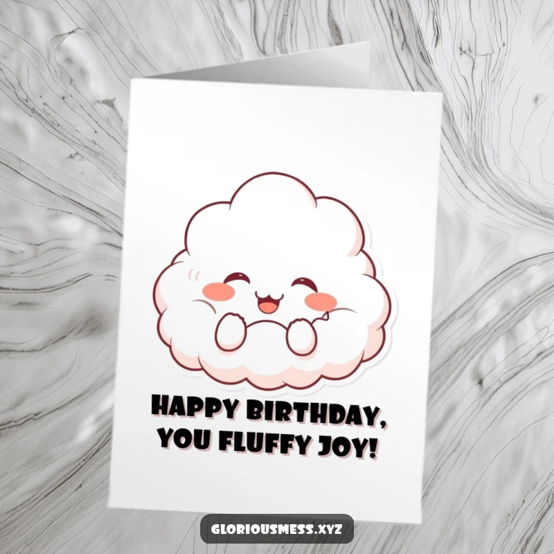 Funny Free Printable Birthday Card: Fluffy cloud with rosy cheeks, erupting in uncontrollable giggles.