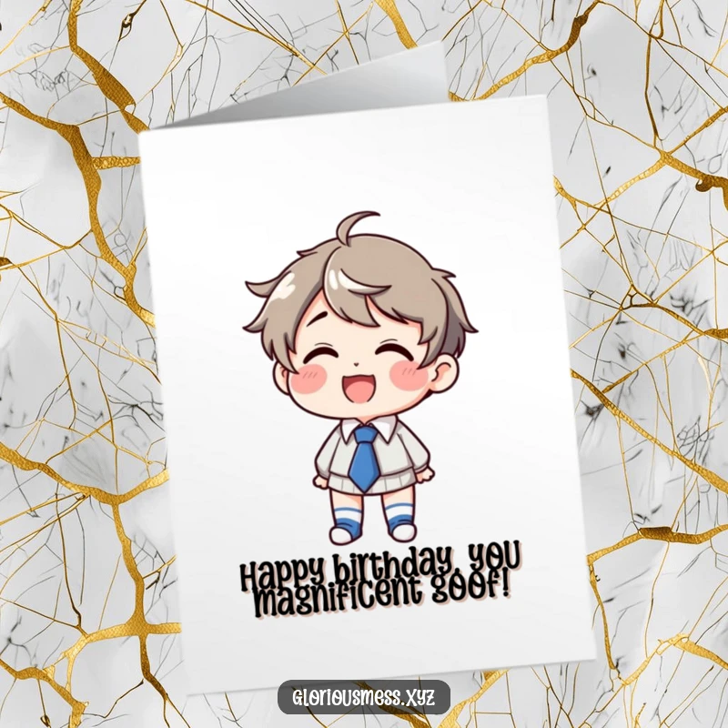 Funny Free Printable Birthday Card: Delighted character giggling, wearing mismatched socks and crooked tie, a fun birthday gift.