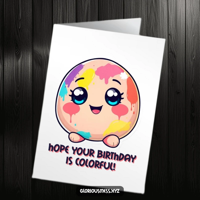 Funny Free Printable Birthday Card: Cheerful blob character covered in colorful paint, a celebratory DIY greeting.