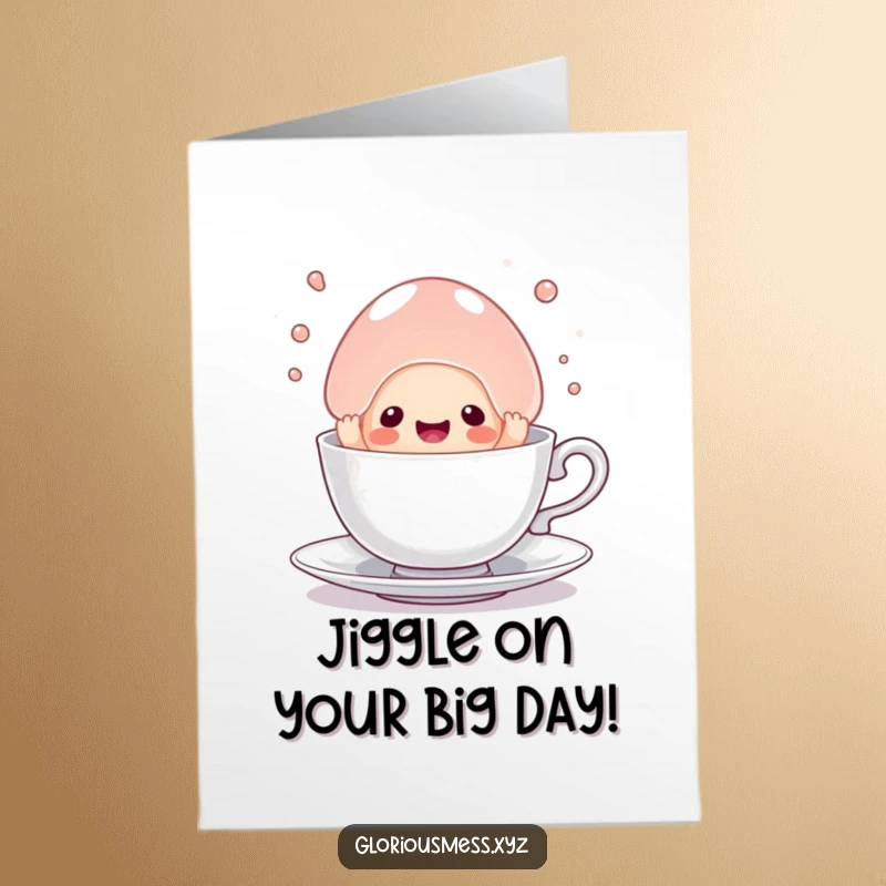 Funny Free Printable Birthday Card showing a sentient jelly blob trying to escape a tiny teacup.