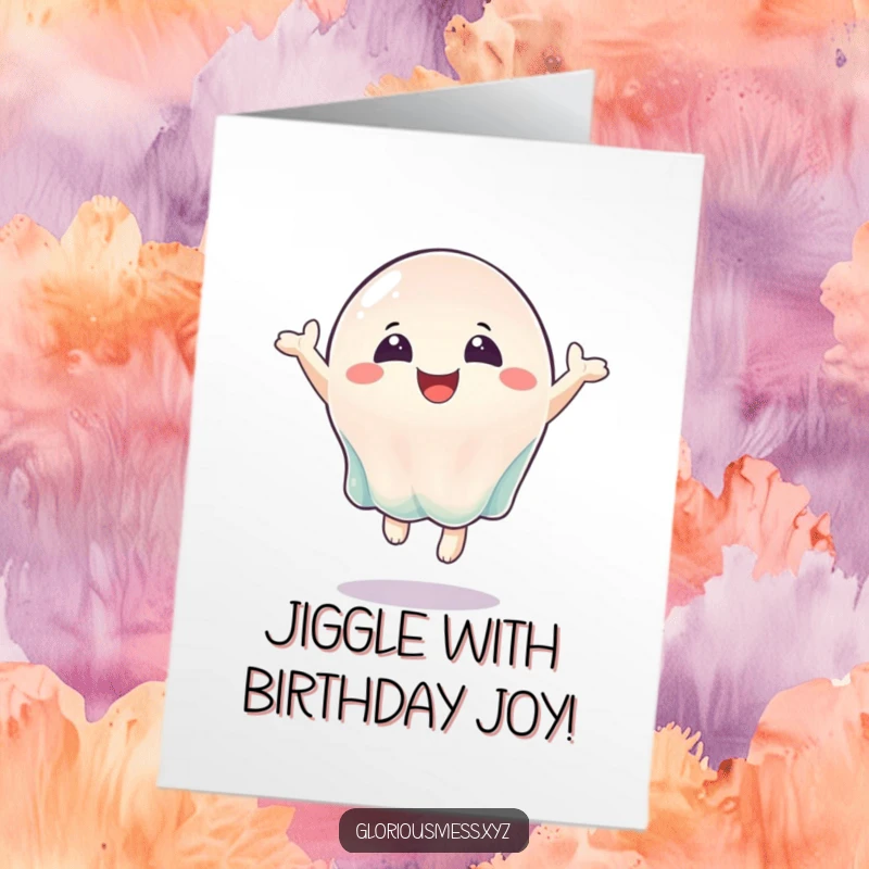 Funny Free Printable Birthday Card: A jiggly jelly character bouncing ecstatically, celebrating a birthday with pure happiness.