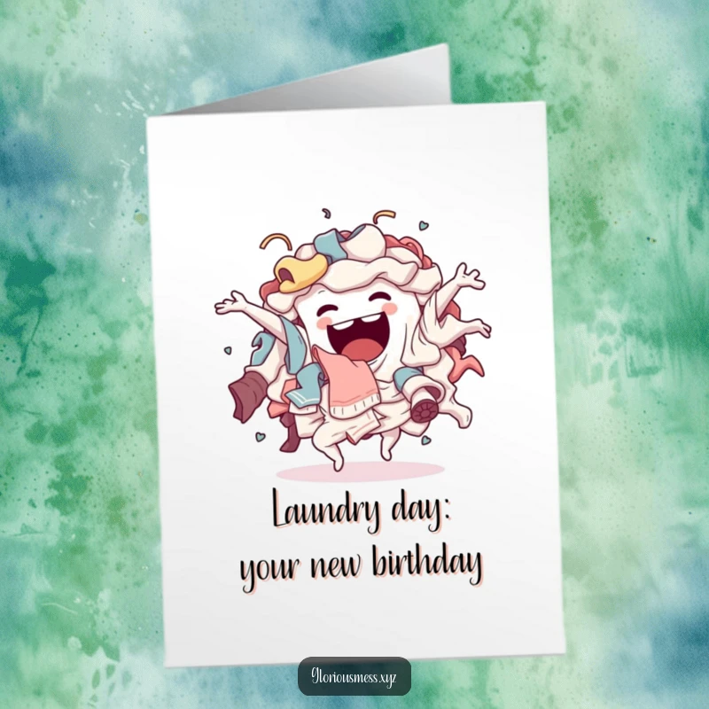 Funny free printable birthday card featuring a sentient laundry pile doing a wild, chaotic dance, perfect for a laugh.