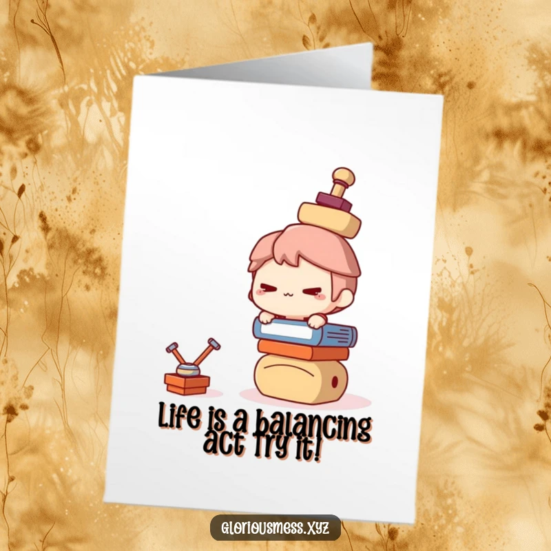 Funny Free Printable Birthday Card: Mischievous character grinning while balancing teetering objects, a DIY gift idea.