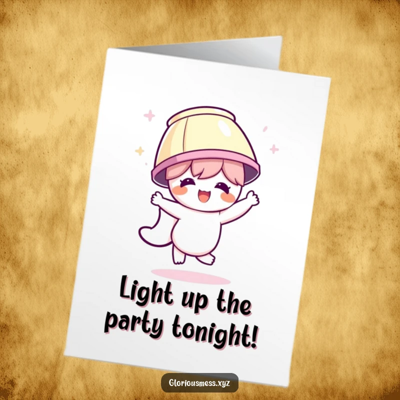 Funny Free Printable birthday card: Enthusiastic character wearing a lampshade on its head, lost in the joy of dancing.