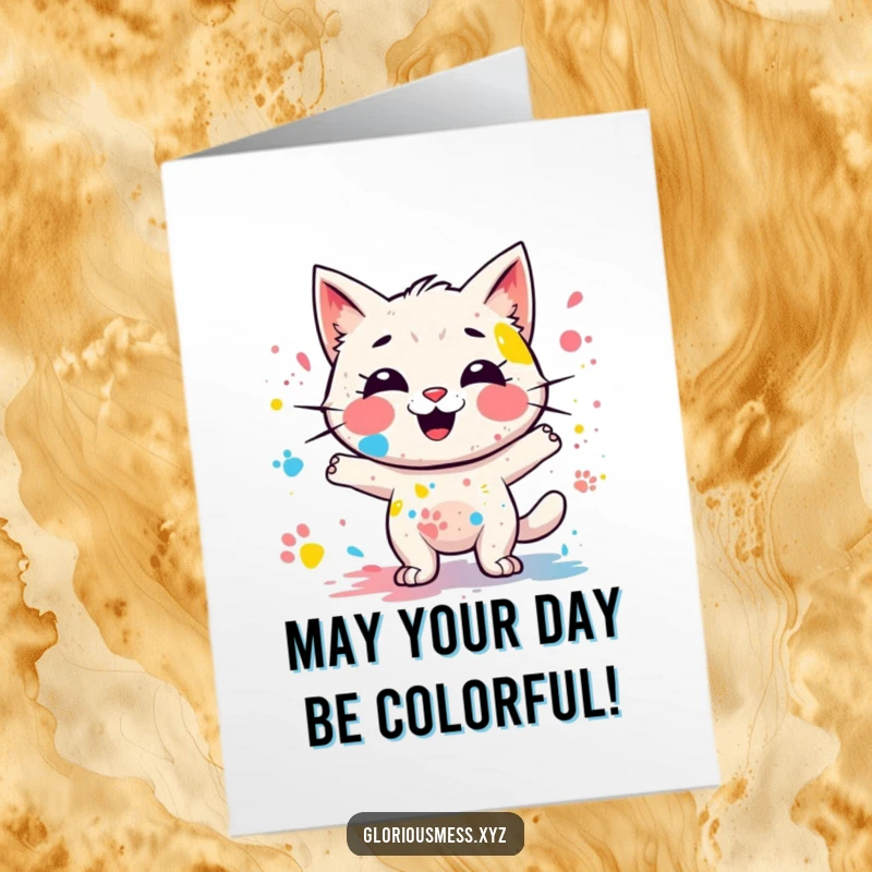 Funny free printable birthday card featuring a giggling, messy paint splatter character leaving colorful paw prints, celebrating with joy.