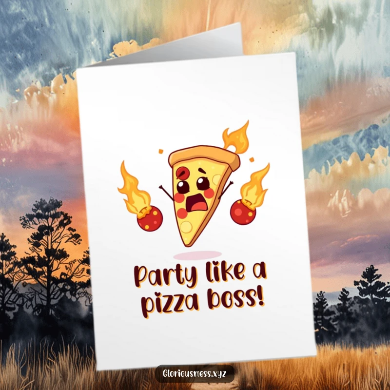 Funny Free Printable Birthday Card showing a startled pizza slice juggling flaming meatballs with a comical expression.