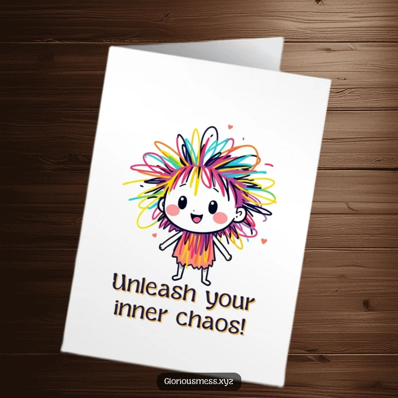 Funny Free Printable Happy Birthday Card featuring a sentient scribble character bursting with colorful, vibrant energy and excitement for the celebration.